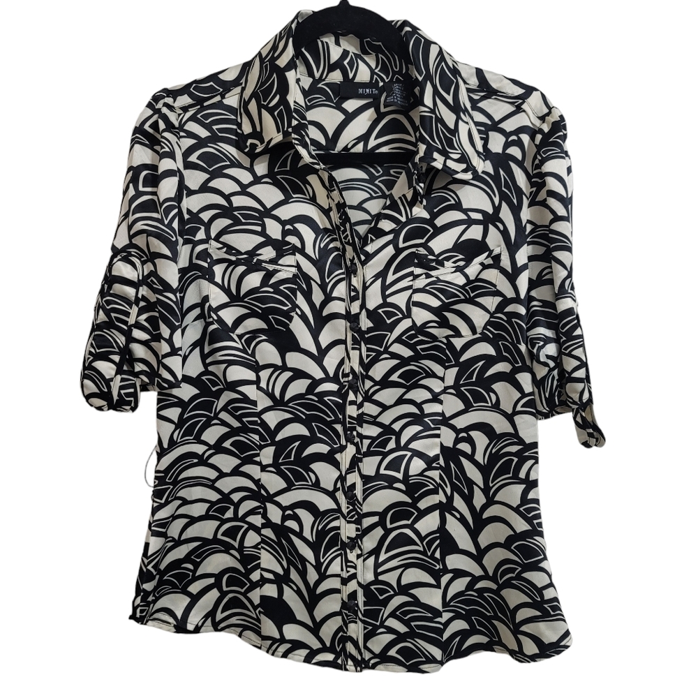 Mi Fit Black/White Button Down Short Sleeve Shirt Large